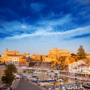 Ciutadella Menorca marina boats Port with town hall and cathedral in Balearic islands